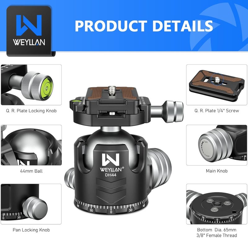 WEYLLAN Tripod Head 44mm Low Profile Ball Head, DH44 360 Degree Metal Panoramic Camera Ball Head Mount with Two Quick Release Plates, Arca Ballhead for Tripod Monopod DSLR Camera Max Load 55lbs/25kg - Image 2